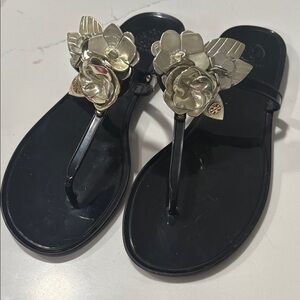Tory Burch Black and Gold Floral Women's Sandals size 10